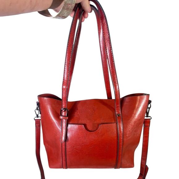 Popoti Red Leather Shoulder Bags Messenger Crossbody Tote with Adjustable Straps - Picture 2 of 13